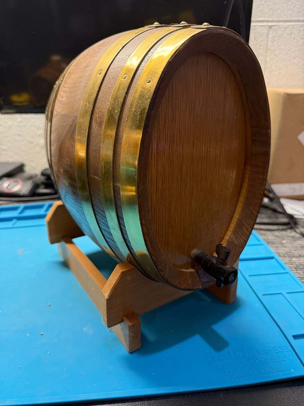 Vintage Small Oak Wood Wine Barrel Cask with Brass Hoops and Wooden Stand